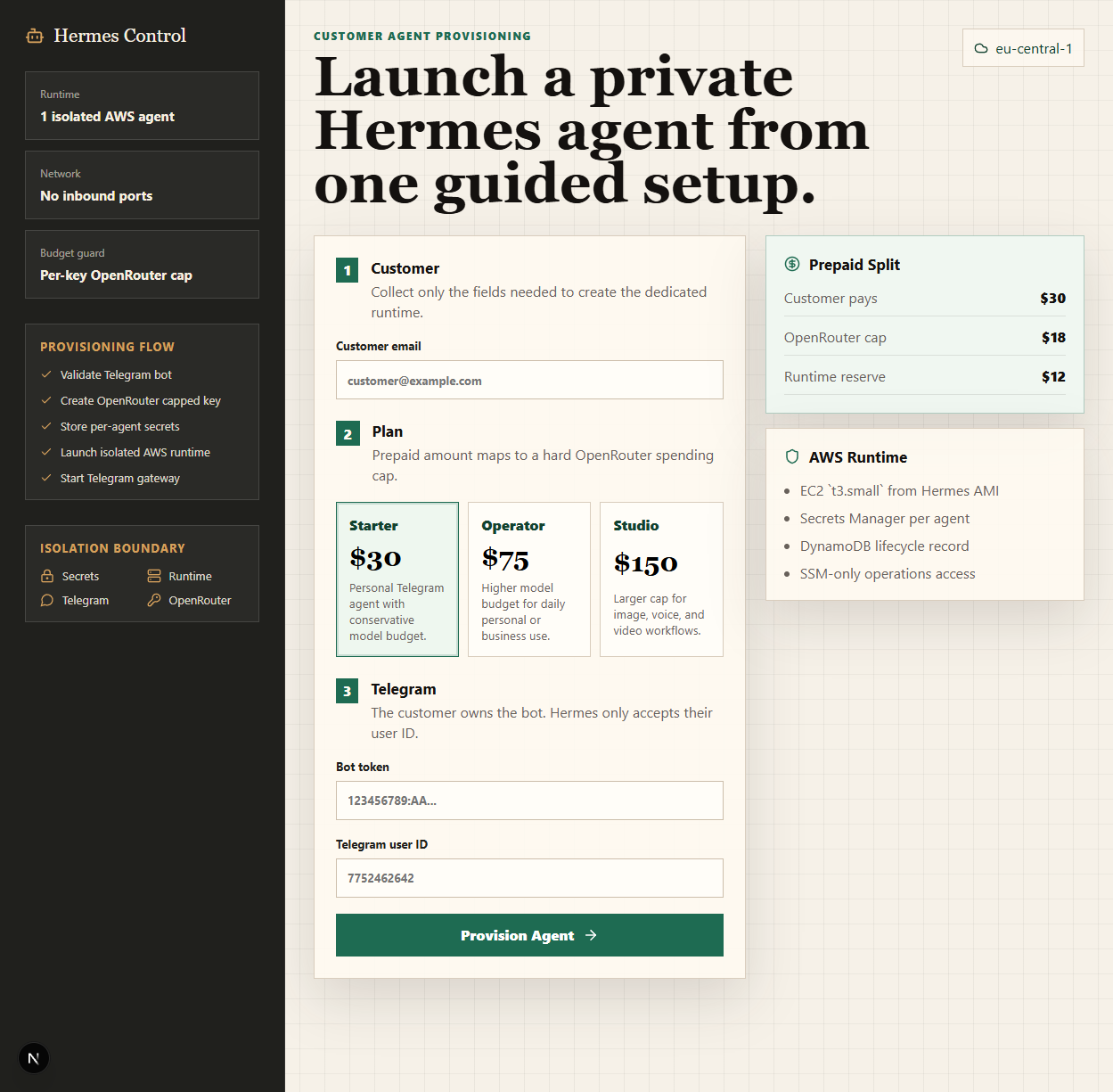 Hermes provisioning interface showing runtime, network, budget, and Telegram setup controls